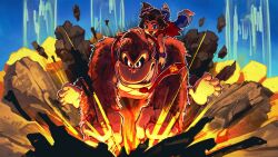  1boy 1girl ape barefoot brown_fur brown_hair donkey_kong donkey_kong_(series) donkey_kong_bananza gorilla ground_shatter highres kornart looking_at_viewer necktie pauline_(mario) pauline_(young)_(mario) smile 