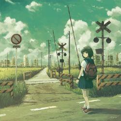  1girl backpack bag blue_skirt clouds cloudy_sky factory grass highres jacket kensight328 landscape looking_at_viewer looking_back original railroad_crossing scenery school_uniform skirt sky solo summer white_jacket 