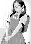  1girl absurdres backpack bag glasses greyscale hadashi_no_kenji hair_ornament hairclip highres indoors monochrome original own_hands_together school_uniform short_sleeves skirt solo standing twintails 
