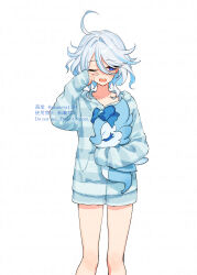  1girl blue_eyes blue_hair furina_(genshin_impact) genshin_impact hair_between_eyes highres long_sleeves multicolored_hair ojo_aa one_eye_closed open_mouth pajamas shorts solo streaked_hair striped_clothes striped_hood striped_pajamas striped_shorts surintendante_chevalmarin white_background white_hair 