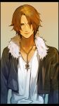  1boy black_jacket blue_eyes brown_hair cropped_jacket expressionless final_fantasy final_fantasy_viii fur-trimmed_jacket fur_trim gradient_background highres jacket jewelry male_focus necklace nini_tw99 open_clothes open_jacket scar scar_on_face scar_on_forehead shirt short_hair simple_background solo squall_leonhart v-neck white_shirt 