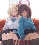  2girls aqua_eyes asuna_(blue_archive) bag black_choker black_hair black_socks blue_archive blue_bow blue_bowtie blue_halo blue_jacket blue_scrunchie blue_skirt blush bow bowtie brown_hair choker closed_eyes closed_mouth collared_shirt couch dark-skinned_female dark_skin hair_between_eyes hair_over_one_eye halo highres jacket karin_(blue_archive) leaning_on_person light_brown_hair long_hair long_sleeves looking_at_another looking_to_the_side miniskirt miya_kazutomo multiple_girls on_couch open_mouth parted_bangs pink_halo pleated_skirt puffy_sleeves school_bag school_uniform scrunchie shirt simple_background sitting skirt sleeping sleeves_rolled_up smile socks very_long_hair white_background white_shirt wrist_scrunchie 
