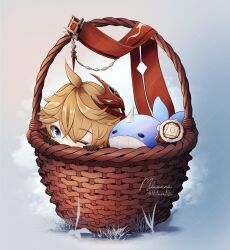  1boy basket black_gloves blue_background blue_eyes brown_hair commentary cowlick genshin_impact gloves hair_between_eyes in_basket in_container looking_at_viewer male_focus milavana one_eye_closed peeking_out signature solo stuffed_whale tartaglia_(genshin_impact) twitter_username wicker_basket 