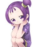  1girl closed_mouth hands_on_own_cheeks hands_on_own_face hands_up highres ojamajo_doremi one_side_up purple_hair purple_shirt segawa_onpu shirt short_hair short_sleeves simple_background sitting smile solo tenshinhannnn violet_eyes white_background 