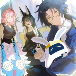  1boy 3girls animal_ears asaba_harumasa asaboo_(zenless_zone_zero) bangboo_(zenless_zone_zero) black_dress black_hair blue_horns blue_jacket blue_oni blue_skin blunt_bangs brown_vest c_ixxp closed_eyes coke-bottle_glasses colored_skin dress earrings fake_facial_hair fake_mustache fang fox_ears fox_girl glasses hair_between_horns highres hood hooded_jacket horns hoshimi_miyabi jacket jewelry long_hair long_sleeves looking_at_viewer miyaboo_(zenless_zone_zero) multicolored_horns multiple_girls oni open_clothes open_jacket open_mouth pinafore_dress pink_hair pointy_ears red_eyes ribbed_sweater round_eyewear sitting skin-covered_horns skirt sleeveless sleeveless_dress smile soukaboo_(zenless_zone_zero) soukaku_(zenless_zone_zero) sweater teardrop-framed_glasses tsukishiro_yanagi turtleneck two-tone_horns v-neck vest yellow_eyes zenless_zone_zero 
