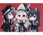  1boy 2girls animal_ear_fluff animal_ears arknights black_cape black_cloak black_dress black_footwear black_hair black_headwear black_pants black_shirt blue_eyes blue_gloves blue_necktie cape cat_boy cat_ears chibi christine_(arknights) cloak closed_mouth collared_shirt commentary_request dress exercise fingerless_gloves frown gloves grey_hair hair_between_eyes hair_over_one_eye highres holding holding_paper hood hooded_cloak infection_monitor_(arknights) letterboxed long_hair looking_at_viewer multicolored_eyes multiple_girls necktie open_mouth pants paper phantom_(arknights) pointy_hat red_eyes sharp_teeth shirt specter_(arknights) specter_the_unchained_(arknights) tail teeth texas_(arknights) texas_the_omertosa_(arknights) translation_request very_long_hair weightlifting weights white_footwear white_hair white_shirt wolf_ears wolf_girl wolf_tail yakota_(usuk-yako) yellow_eyes 