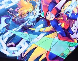  025aki 2boys absurdres android armor azure_striker_gunvolt blonde_hair blue_coat blue_eyes braid braided_ponytail chain clenched_teeth coat commentary crossover electricity energy_blade energy_sword gun gunvolt helmet highres holding holding_gun holding_sword holding_weapon magic mega_man_(series) mega_man_zero_(series) multiple_boys red_armor red_helmet sword teeth weapon z_saber zero(z)_(mega_man) zero_(mega_man) 