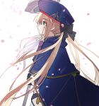  1girl artoria_caster_(second_ascension)_(fate) blonde_hair blue_cloak blue_headwear cloak fate/grand_order fate_(series) green_eyes hat highres holding holding_staff looking_to_the_side mage_staff nayu_tundora petals sidelocks solo split_ponytail staff white_background 