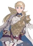  1girl absurdres blonde_hair closed_mouth commentary_request facing_viewer fire_emblem fire_emblem_heroes green_eyes hands_on_own_hips highres long_hair looking_at_viewer runteya sharena_(fire_emblem) solo swept_bangs upper_body 