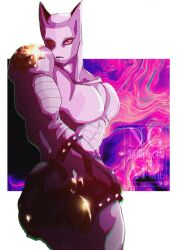  1other black_gloves black_skirt character_name chromatic_aberration closed_mouth colored_sclera colored_skin commentary_request diamond_wa_kudakenai gloves highres jojo_no_kimyou_na_bouken killer_queen looking_at_viewer other_focus pink_skin red_sclera skirt slit_pupils solo stand_(jojo) stktik09060906 