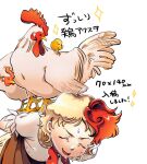  1girl bird bird_wings chicken closed_eyes kokechankokko leaning_forward looking_down multicolored_hair niwatari_kutaka orange_hair orange_skirt shirt skirt sweat touhou two-tone_hair white_background white_shirt wings 