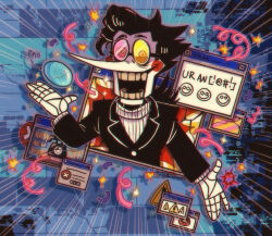  1boy arrow_(symbol) artist_name black_hair black_jacket commentary confetti deltarune doll_joints english_commentary eyes_visible_through_eyewear gh0stbreath heterochromatic_eyewear highres jacket joints long_nose male_focus medium_hair open_mouth pipis_(deltarune) pointy_nose round_eyewear signature solo spamton_g._spamton sparkle sweater teeth tinted_eyewear white_sweater window_(computing) 