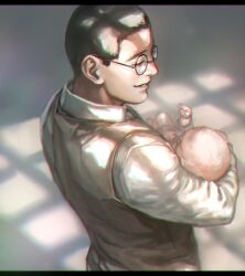  1boy baby black_hair brown_vest carrying carrying_baby carrying_person glasses golden_kamuy grey_background hallch hasegawa_kouichi long_sleeves male_focus parted_lips round_eyewear shirt short_hair solo upper_body vest white_shirt window_shadow 