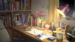  artist_logo book bookshelf chair clock coffee coffee_mug cup curtains desk desk_lamp digital_clock duct_tape glasses indoors lamp mug no_humans open_book original pencil pencil_sharpener rubik&#039;s_cube scenery sticky_note window xingzhi_lv 