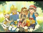  2boys 2girls :d absurdres ahoge anniversary ash_ketchum bag blonde_hair blue_eyes blue_vest bonnie_(pokemon) bracelet brown_shirt clemont_(pokemon) commentary_request day dedenne earrings fingerless_gloves glasses gloves grin hat highres jewelry ketchup_bottle looking_at_viewer multiple_boys multiple_girls open_clothes open_mouth open_vest outdoors pikachu pink_footwear podayo_po pokemon pokemon_(anime) pokemon_(creature) pokemon_journeys pokemon_on_leg red_headwear round_eyewear serena_(pokemon) shirt shoes short_sleeves shorts sitting skirt sleeveless sleeveless_shirt smile sweater_vest t-shirt teeth thigh-highs tongue upper_teeth_only vest white_skirt 