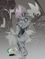  1boy dougi dragon_ball dragon_ball_gt dragon_ball_super earrings from_behind gogeta goku_black greyscale highres jewelry monochrome ommmyoh potara_earrings shirt single_earring son_goku spiky_hair spot_color super_saiyan super_saiyan_rose tunic vegeta 
