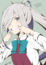  1girl ahoge aqua_bow aqua_bowtie asashimo_(kancolle) bow bowtie collared_shirt dated dress dress_shirt grey_background grey_eyes grey_hair hair_over_one_eye halter_dress halterneck highres kantai_collection long_hair mouth_pull one-hour_drawing_challenge ponytail purple_dress school_uniform sharp_teeth shirt simple_background solo taira_yuuki teeth twitter_username upper_body white_shirt 