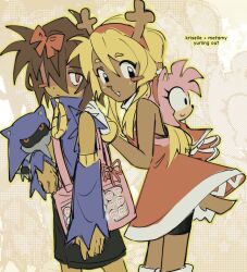  1girl 1other amy_rose amy_rose_(cosplay) bag bare_shoulders black_eyes blonde_hair blush brown_hair character_doll cosplay deer_girl deltarune doll dress handbag headband kris_(deltarune) leaning_on_person long_hair looking_at_viewer metal_sonic metal_sonic_(cosplay) noelle_holiday partially_shaded_face pink_bag red_dress red_eyes red_ribbon ribbon sonic_(series) tail viscogone 