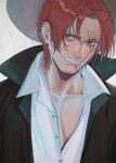  1boy absurdres black_cape cape commentary hat highres male_focus mygiorni one_piece redhead scar scar_across_eye scar_on_face shanks_(one_piece) shirt short_hair simple_background smile solo straw_hat teeth white_shirt 