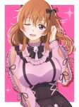  1girl adjusting_hair black_bow black_skirt bow breasts commentary_request hair_bow highres jirai_kei konoe_kanata large_breasts long_hair looking_at_viewer love_live! love_live!_nijigasaki_high_school_idol_club multiple_hair_bows one_eye_closed orange_hair pink_background pink_shirt shirt skirt solo sparkle violet_eyes yukiha_(hat731919) 