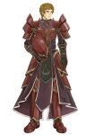  1boy absurdres armor blonde_hair breastplate brown_eyes caada-nyquist commentary_request fingerless_gloves fire_emblem fire_emblem:_radiant_dawn full_body gloves helmet highres holding holding_helmet levail_(fire_emblem) looking_to_the_side partial_commentary red_armor red_footwear short_hair simple_background solo very_short_hair 