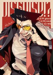  1boy adjusting_eyewear artist_name black_hair cosplay deltarune doll_joints eyes_visible_through_eyewear hand_up heterochromatic_eyewear highres jacket jacket_on_shoulders joints kanpachi999 male_focus necktie pointy_nose red_necktie short_hair signature small_sweatdrop solo spamton_g._spamton spamton_g._spamton_(big_shot) split-color_clothes swatch_(deltarune) swatch_(deltarune)_(cosplay) teeth tinted_eyewear tongue tongue_out two-tone_shirt upper_body 