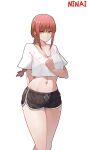  1girl absurdres bare_arms bare_legs black_shorts braid braided_ponytail chainsaw_man highres looking_at_viewer makima_(chainsaw_man) navel ninai ponytail red_eyes redhead ringed_eyes short_shorts shorts smile symbol-shaped_pupils tank_top teeth white_background white_tank_top 