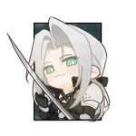  1boy armor belt black_belt black_coat black_gloves black_ribbon chibi coat dapanggezilan final_fantasy final_fantasy_vii gloves green_eyes grey_hair hair_ribbon high_collar highres holding holding_sword holding_weapon katana long_hair male_focus night night_sky pauldrons ribbon sephiroth shoulder_armor sky slit_pupils smile solo star_(sky) sword weapon 