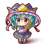  1girl black_footwear black_skirt blue_hair blue_vest chibi commentary_request epaulettes full_body green_eyes green_hair holding lowres rod_of_remorse ryogo shiki_eiki short_hair skirt solo touhou vest 