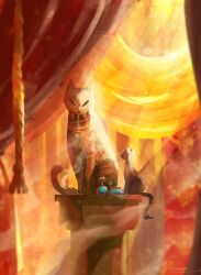  animal cat collar corked_bottle curtana glass_bottle light_rays looking_at_animal original painterly pedestal rope siamese_cat sitting yellow_theme zandra 