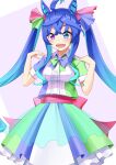  1girl ahoge animal_ears ao_komhur aqua_bow aqua_bowtie aqua_dress back_bow blue_bow blue_bowtie blue_dress blue_eyes blue_hair bow bowtie center_frills collared_dress commentary cowboy_shot crossed_bangs dress frills hair_ribbon hands_on_own_shoulders heterochromia highres horse_ears horse_girl idol long_hair looking_at_viewer multicolored_hair multicolored_ribbon open_mouth pink_bow pink_sash ribbon sash sharp_teeth short_sleeves smile solo standing tail teeth twin_turbo_(umamusume) twintails two-tone_bowtie two-tone_dress two-tone_hair umamusume very_long_hair violet_eyes 