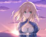  1girl ahoge artoria_pendragon_(fate) blonde_hair blue_sky cleavage_cutout clothing_cutout clouds cloudy_sky fate/stay_night fate_(series) game_cg gradient_background green_eyes hair_between_eyes highres juliet_sleeves long_sleeves looking_at_viewer medium_hair nayu_tundora orange_sky parted_bangs puffy_sleeves saber sky solo sunset 