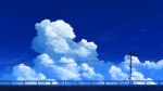  blue_sky clouds day highres no_humans original outdoors power_lines railing rune_xiao scenery signature sky sky_focus utility_pole 