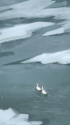  animal artist_name bird from_above goose ice landscape muted_color no_humans original outdoors painterly scenery signature swimming water zandra 