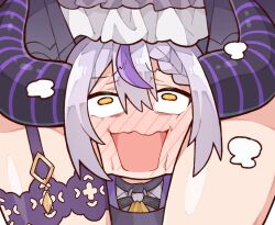  2girls black_horns blush demon_girl demon_horns frilled_skirt frills full-face_blush garter_straps grey_hair head_between_thighs heavy_breathing highres hololive horns kukie-nyan la+_darknesss lace mouth_open multiple_girls puff_of_air single_garter_strap skirt squeezing_cheeks wavy_mouth wide-eyed yellow_eyes 