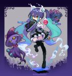  1girl aqua_hair black_thighhighs commentary detached_sleeves dusk_ball floating ghost ghost_miku_(project_voltage) glitch gradient_hair grey_shirt hatsune_miku highres holding holding_poke_ball long_hair misdreavus mismagius multicolored_hair nekoolantern pixel_art poke_ball pokemon pokemon_(creature) project_voltage shirt skirt thigh-highs twintails twitter_username very_long_hair vocaloid will-o&#039;-the-wisp_(mythology) yellow_eyes 