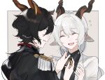  2boys adjusting_another&#039;s_clothes animal_ears arknights black_hair black_shirt border brown_background closed_eyes collared_shirt ebenholz_(arknights) epaulettes facing_away goat_boy goat_ears goat_horns grey_hair hands_up happy highres horns jacket kreide_(arknights) long_hair looking_at_another medallion multiple_boys open_mouth ponytail shirt simple_background smile upper_body violet_eyes white_jacket yakota_(usuk-yako) 
