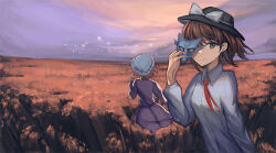  2girls black_hat blonde_hair bow brown_eyes brown_hair constellation dress from_behind hat long_sleeves maribel_hearn mob_cap multiple_girls necktie purple_dress purple_sky red_necktie shirt short_hair sky smile star_(sky) sunset touhou upper_body usami_renko wheat_field white_bow white_hat white_shirt wolf_mask yolandabaka 