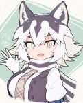  animal_ears blush collared_shirt eastern_wolf_(kemono_friends) fang gloves grey_eyes grey_hair grey_necktie grey_scarf grey_vest hair_between_eyes highres kemono_friends kitsunetsuki_itsuki long_sleeves looking_at_viewer multicolored_hair necktie open_clothes open_mouth open_vest plaid_necktie scarf shirt short_hair sidelocks two-tone_hair two-tone_scarf vest waving white_gloves white_hair white_scarf white_shirt wolf_ears wolf_girl 