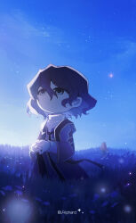  2boys absurdres alphard_(alphard1224) artist_name black_hair blue_theme chinese_commentary closed_mouth coat commentary_request deformed field grey_coat grey_eyes hair_between_eyes hatsutori_hajime highres long_sleeves looking_up male_focus multiple_boys outdoors own_hands_together saibou_shinkyoku shirt short_hair solo_focus star_(sky) stole utsugi_noriyuki white_shirt 