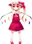  1girl arm_up ascot closed_mouth flandre_scarlet frilled_skirt frills full_body looking_at_viewer mary_janes mii0617 multicolored_wings one_side_up puffy_short_sleeves puffy_sleeves red_eyes red_footwear red_skirt red_vest shirt shoes short_sleeves skirt socks solo touhou vest white_background white_headwear white_shirt white_socks wings yellow_ascot 