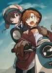  2boys black_jacket black_necktie blue_eyes blue_sky brown_eyes brown_gloves brown_hair bungou_stray_dogs dazai_osamu_(bungou_stray_dogs) gauze_on_cheek gloves helmet highres jacket long_sleeves motor_vehicle multiple_boys nakahara_chuuya necktie open_mouth orange_hair red_jacket rinu scooter sky vespa wing_collar 