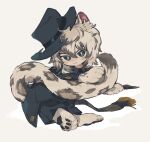  1boy :3 animal_ears animal_hands black_headwear blue_coat blue_eyes blue_pants blush bright_pupils coat commentary grey_hair hat highres leopard_boy leopard_ears leopard_tail looking_at_viewer male_focus pants remu_(kudarizaka_25) scarf silverash_(arknights) silverash_(york&#039;s_bise)_(arknights) solo symbol-only_commentary tail white_pupils 