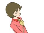  1970s_(style) 1girl animated animated_gif blouse brown_hair english_commentary fraw_bow giving gundam gundam_seed happy haro lowres mobile_suit_gundam nippori_honsha parody retro_artstyle robot scarf science_fiction shirt smile style_parody tongue upper_body white_background yellow_scarf 