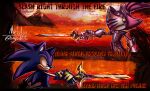 1boy 1girl absurdres animal_ears armor blaze_the_cat blue_fur caliburn_(sonic) cat_ears embers fire from_side gauntlets gold_necklace green_eyes highres holding holding_sword holding_weapon jewelry majindoodles necklace orange_sky percival_(sonic) ponytail purple_fur sky sonic_(series) sonic_and_the_black_knight sonic_the_hedgehog sword weapon 