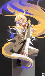  1girl absurdres arknights black_background blonde_hair blue_hair colored_extremities colored_skin dot_nose dragon_girl dragon_horns dragon_tail eastern_dragon_tail english_commentary eyeliner floating_hair full_body green_eyes hair_intakes highres horns inset lips long_hair long_sleeves makeup orange_eyeliner orange_pupils pants pillar pointing pointing_up pointy_ears rumby shirt shoes shu_(arknights) sitting solo strapless strapless_shirt tail tube_top very_long_hair white_pants white_shirt white_tube_top yellow_skin 