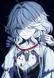  2girls absurdres black_background blue_hair dress drop-shaped_pupils eyelash_ornament focalors_(genshin_impact) furina_(genshin_impact) genshin_impact gloves highres holding holding_jewelry holding_necklace jewelry juliet_sleeves koumimi long_hair long_sleeves multiple_girls necklace puffy_sleeves solo_focus symbol-shaped_pupils wavy_hair white_dress white_gloves white_hair 