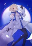  1girl ahoge arcueid_brunestud black_gloves black_pantyhose blonde_hair blue_ribbon detached_sleeves dress full_moon gloves hand_up moon nayu_tundora night night_sky one_eye_closed pantyhose petals red_eyes ribbon short_hair sky solo tsukihime tsukihime_(remake) white_dress 