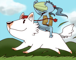  animal_focus blue_sky board_game closed_mouth clouds commentary_request day grass hair_bobbles hair_ornament hat inubashiri_momiji inubashiri_momiji_(wolf) kappa kawashiro_nitori kawashiro_nitori_(kappa) no_humans onikobe_rin outdoors red_hat running shogi sky smile tokin_hat touhou wolf 