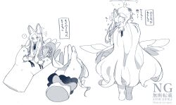  2girls ? blue_archive commentary_request disembodied_hand from_behind halo highres long_hair mika_(blue_archive) mini_person minigirl monochrome multiple_girls scrunchie seia_(blue_archive) simple_background spoken_question_mark tail translation_request very_long_hair very_long_tail white_background wrist_scrunchie yun_(dust-i1) 